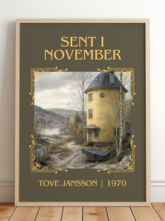 Sent i November Classic Book Art Print by Tove Jansson – framed print leaning on a wooden floor