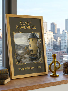 Sent i November Classic Book Art Print by Tove Jansson – framed print on a city-view windowsill