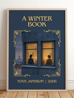 A winter book Classic Book Art Print by Tove Jansson – framed print leaning on a wooden floor