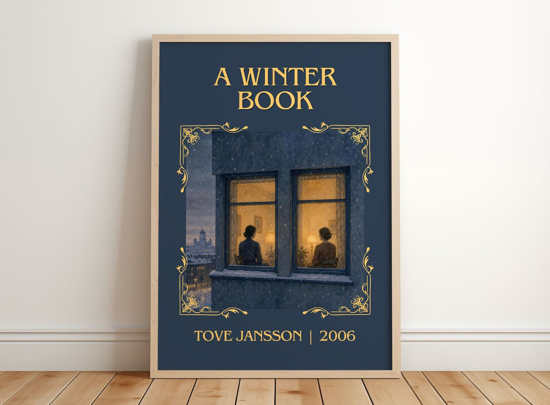A winter book Classic Book Art Print by Tove Jansson – framed print leaning on a wooden floor