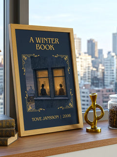 A winter book Classic Book Art Print by Tove Jansson – framed print on a city-view windowsill