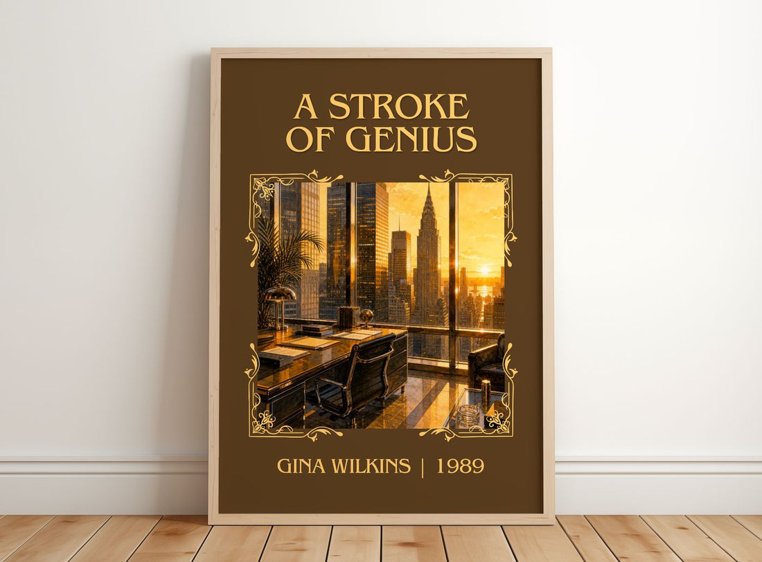 A Stroke Of Genius Classic Book Art Print by Gina Wilkins – framed print leaning on a wooden floor