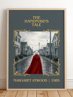 The Handmaid's Tale Classic Book Art Print by Margaret Atwood – framed print leaning on a wooden floor