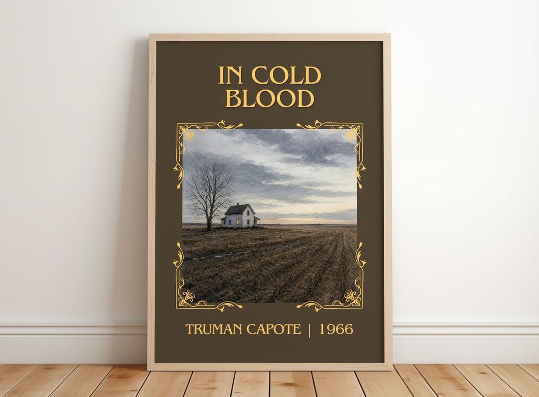 In Cold Blood Classic Book Art Print by Truman Capote – framed print leaning on a wooden floor