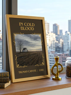 In Cold Blood Classic Book Art Print by Truman Capote – framed print on a city-view windowsill