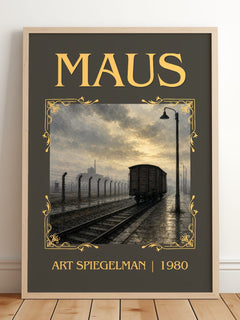Maus Classic Book Art Print by Art Spiegelman – framed print leaning on a wooden floor