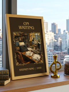 On Writing Classic Book Art Print by Stephen King – framed print on a city-view windowsill