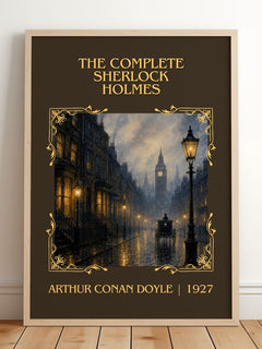 Complete Sherlock Holmes Classic Book Art Print by Arthur Conan Doyle – framed print leaning on a wooden floor