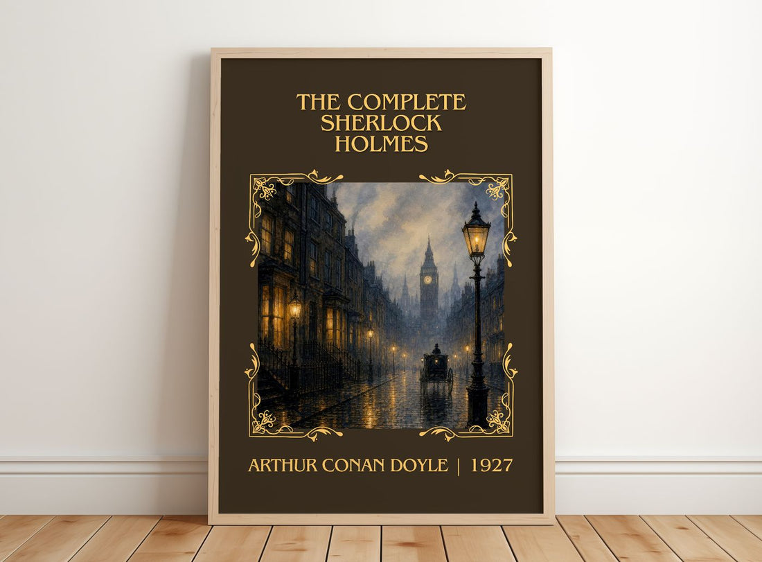 Complete Sherlock Holmes Classic Book Art Print by Arthur Conan Doyle – framed print leaning on a wooden floor