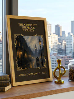 Complete Sherlock Holmes Classic Book Art Print by Arthur Conan Doyle – framed print on a city-view windowsill