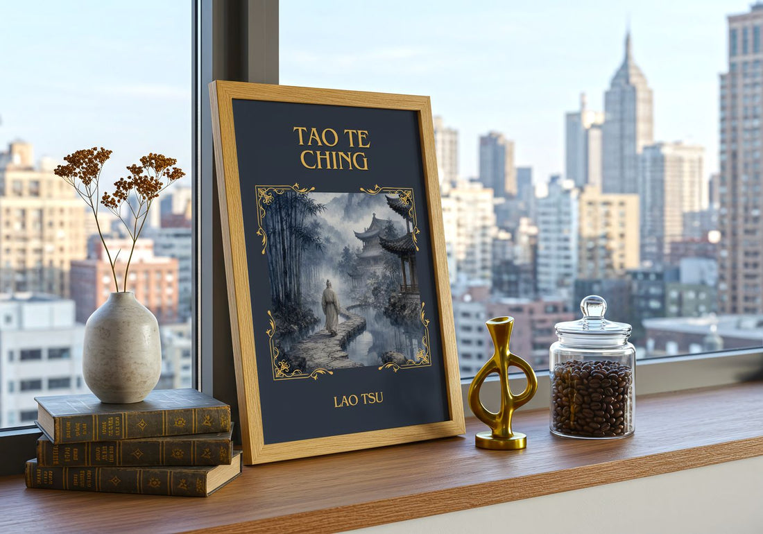 Tao Te Ching Classic Book Art Print by Lao Tsu – framed print on a city-view windowsill