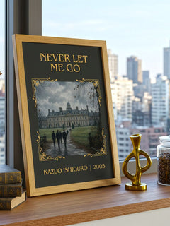 Never Let Me Go Classic Book Art Print by Kazuo Ishiguro – framed print on a city-view windowsill