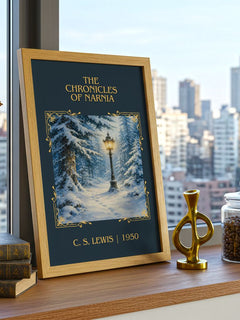 The Chronicles of Narnia Classic Book Art Print by C. S. Lewis – framed print on a city-view windowsill
