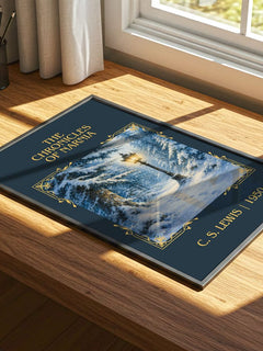 The Chronicles of Narnia Classic Book Art Print by C. S. Lewis – print on a sunlit desk