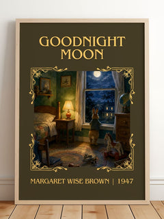 Goodnight Moon Classic Book Art Print by Margaret Wise Brown – framed print leaning on a wooden floor
