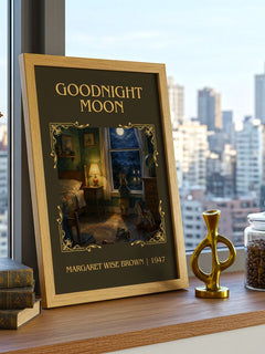 Goodnight Moon Classic Book Art Print by Margaret Wise Brown – framed print on a city-view windowsill