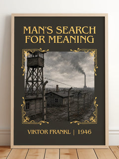Man's Search for Meaning Classic Book Art Print by Viktor Frankl – framed print leaning on a wooden floor