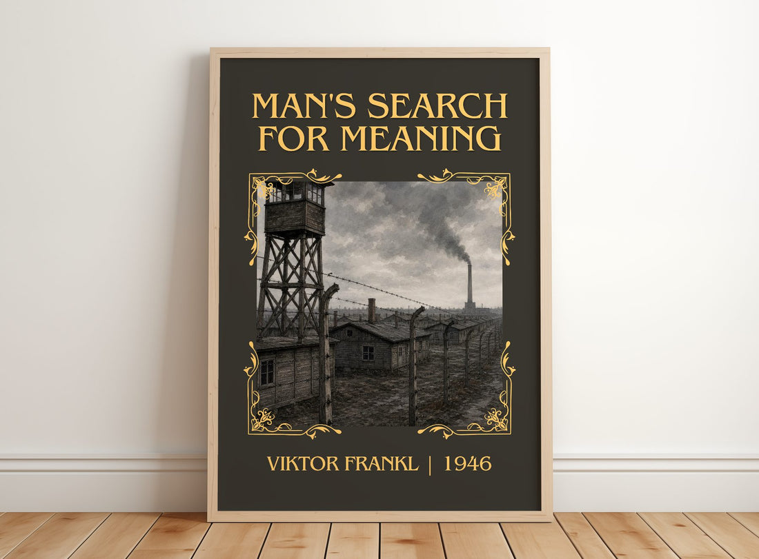 Man's Search for Meaning Classic Book Art Print by Viktor Frankl – framed print leaning on a wooden floor