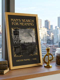 Man's Search for Meaning Classic Book Art Print by Viktor Frankl – framed print on a city-view windowsill