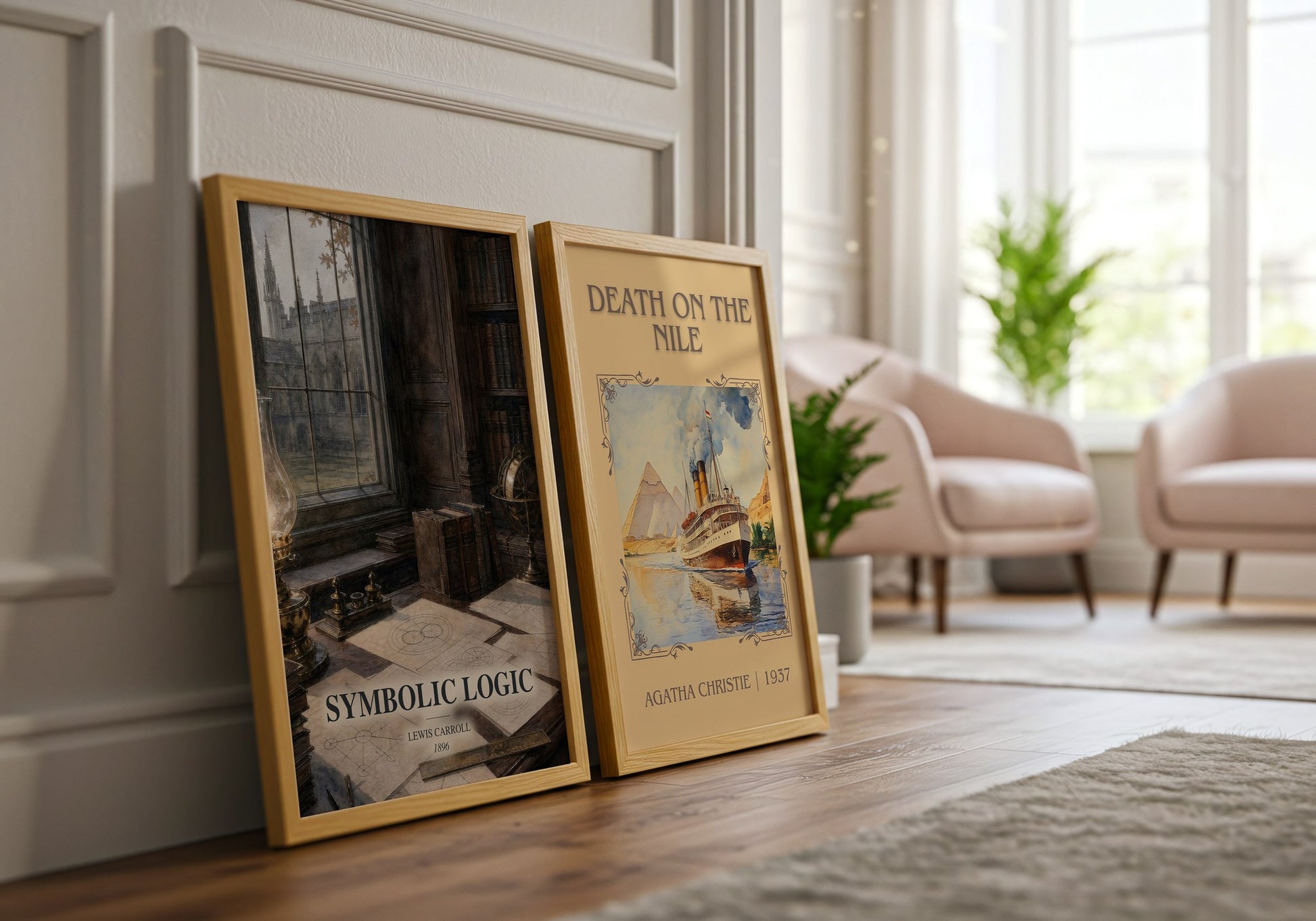 Symbolic Logic watercolour print framed by window – literary home decor