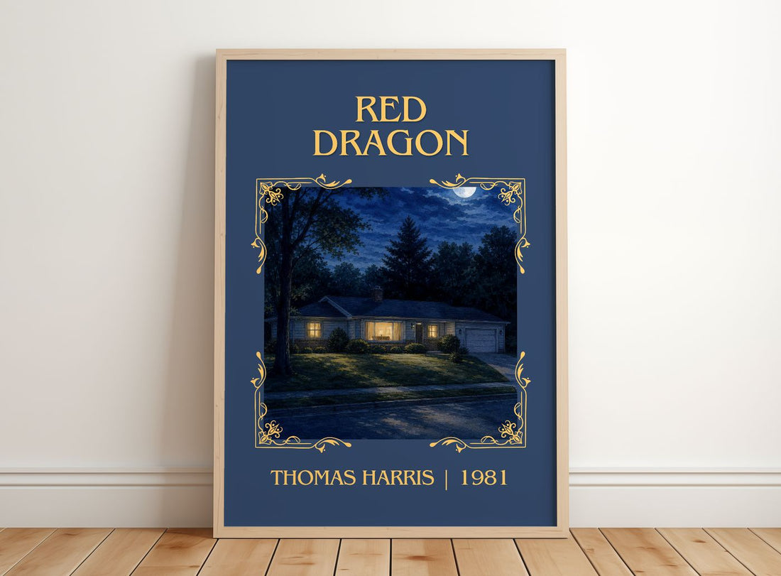 Red Dragon Classic Book Art Print by Thomas Harris – framed print leaning on a wooden floor
