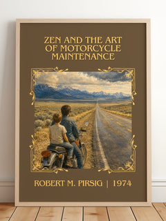 Zen and the Art of Motorcycle Maintenance Classic Book Art Print by Robert M. Pirsig – framed print leaning on a wooden floor