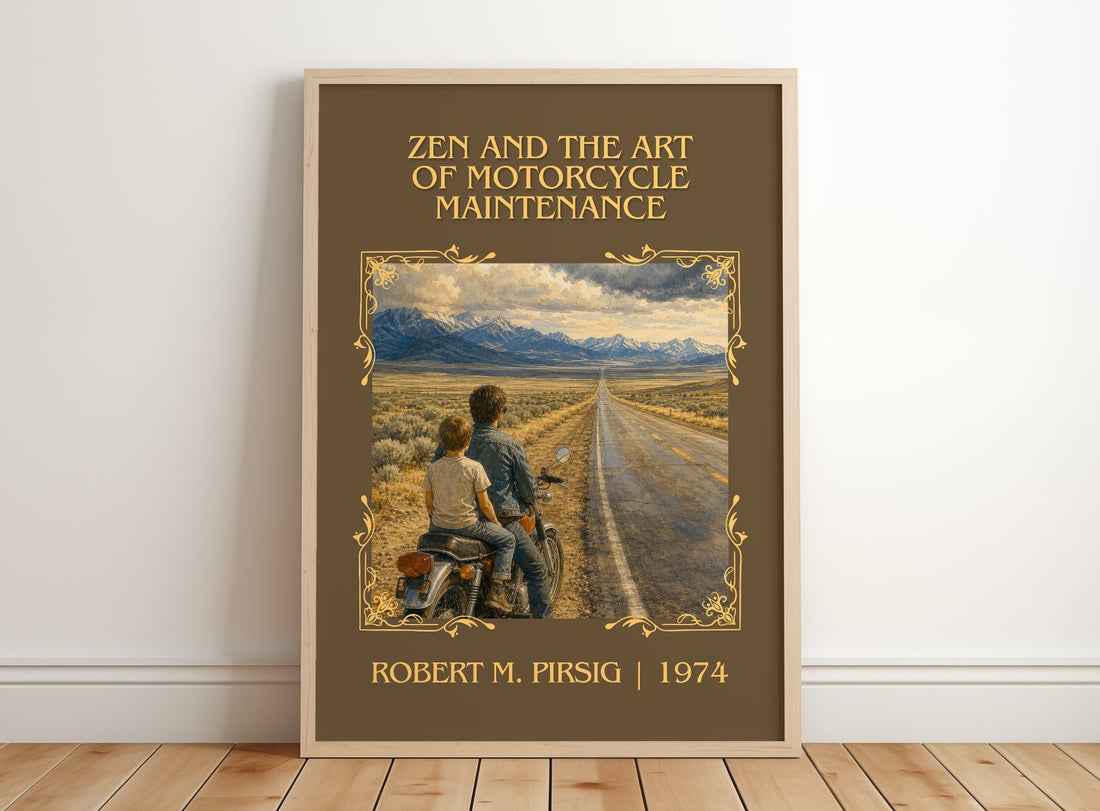 Zen and the Art of Motorcycle Maintenance Classic Book Art Print by Robert M. Pirsig – framed print leaning on a wooden floor