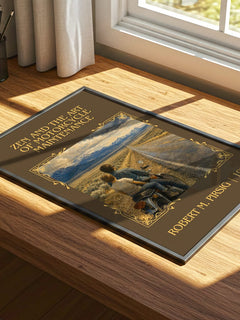 Zen and the Art of Motorcycle Maintenance Classic Book Art Print by Robert M. Pirsig – print on a sunlit desk