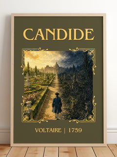 Candide Classic Book Art Print by Voltaire – framed print leaning on a wooden floor