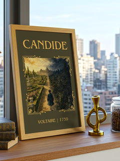 Candide Classic Book Art Print by Voltaire – framed print on a city-view windowsill