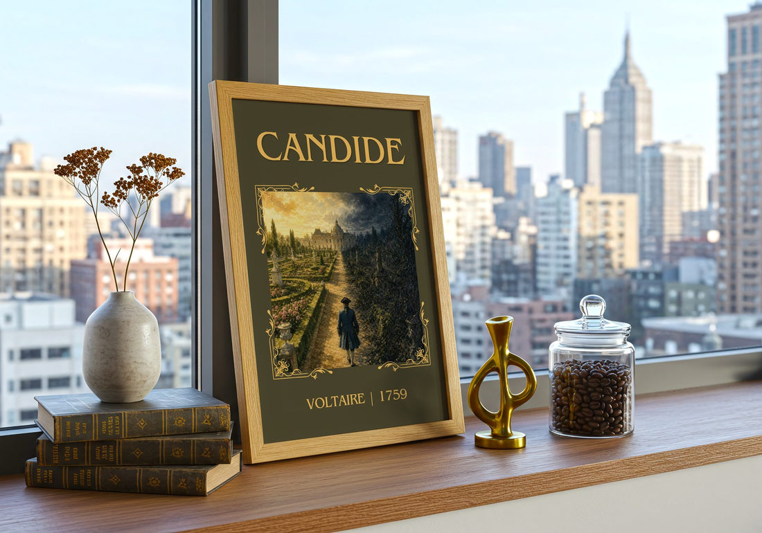 Candide Classic Book Art Print by Voltaire – framed print on a city-view windowsill