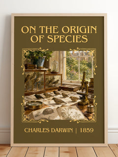 On the Origin of Species Classic Book Art Print by Charles Darwin – framed print leaning on a wooden floor