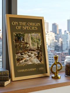 On the Origin of Species Classic Book Art Print by Charles Darwin – framed print on a city-view windowsill