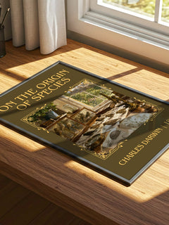 On the Origin of Species Classic Book Art Print by Charles Darwin – print on a sunlit desk