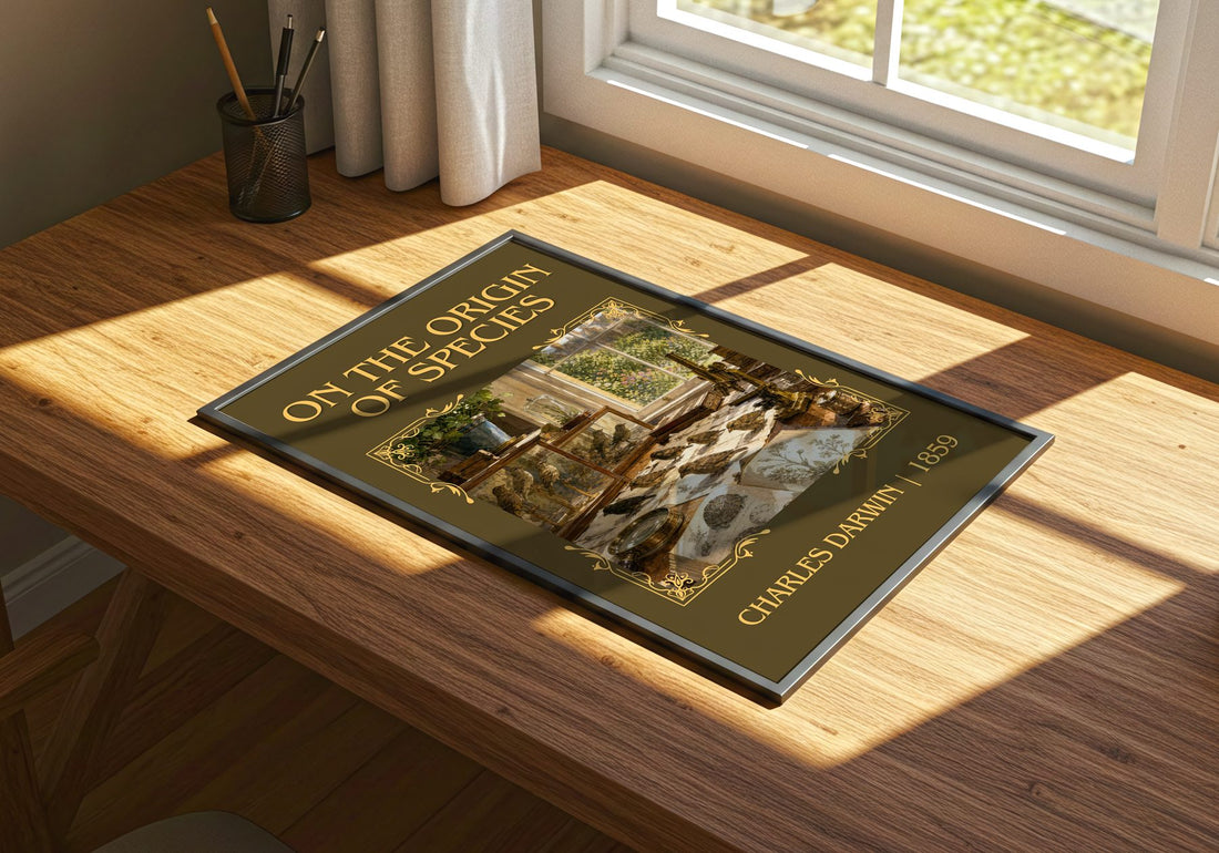 On the Origin of Species Classic Book Art Print by Charles Darwin – print on a sunlit desk