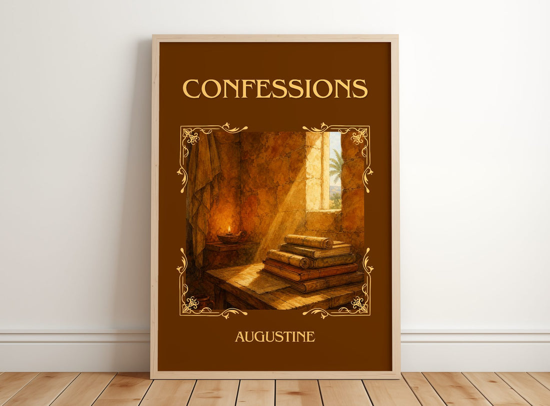 Confessions Classic Book Art Print by Augustine – framed print leaning on a wooden floor