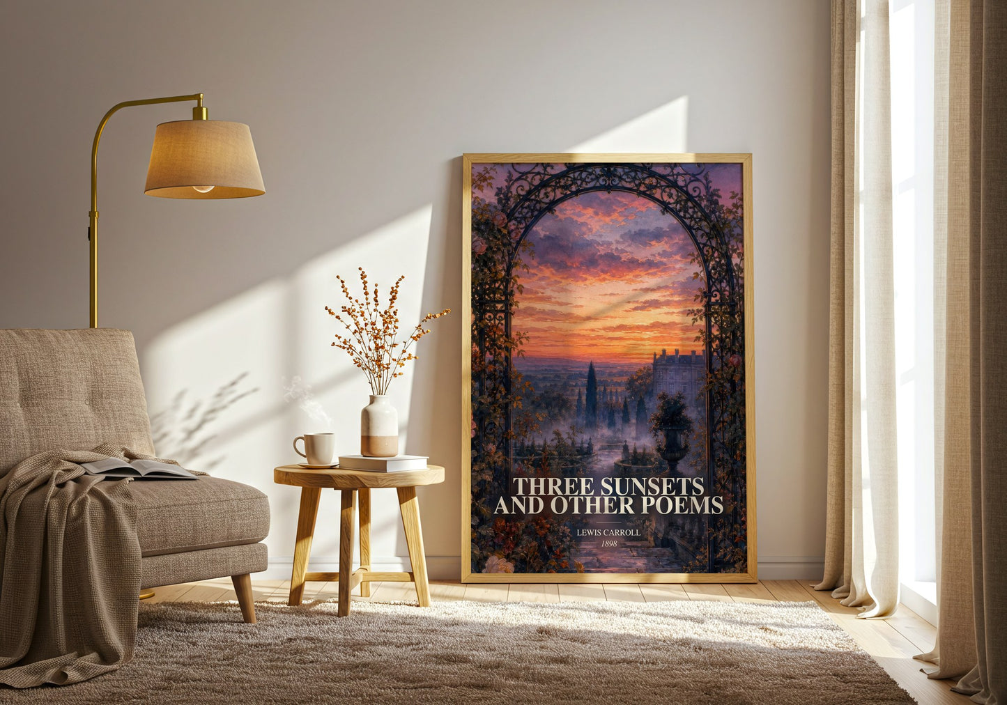 Three Sunsets And Other Poems watercolour print in frame leaning in hallway – poetry wall art
