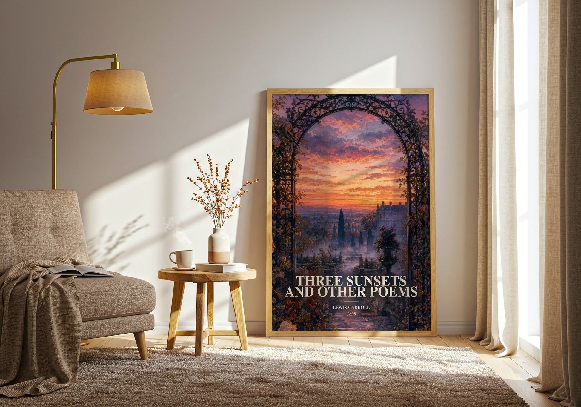 Three Sunsets And Other Poems watercolour print in frame leaning in hallway – poetry wall art