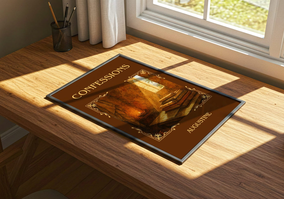 Confessions Classic Book Art Print by Augustine – print on a sunlit desk