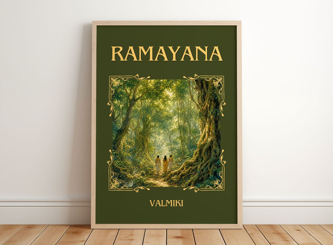 Ramayana Classic Book Art Print by Valmiki – framed print leaning on a wooden floor