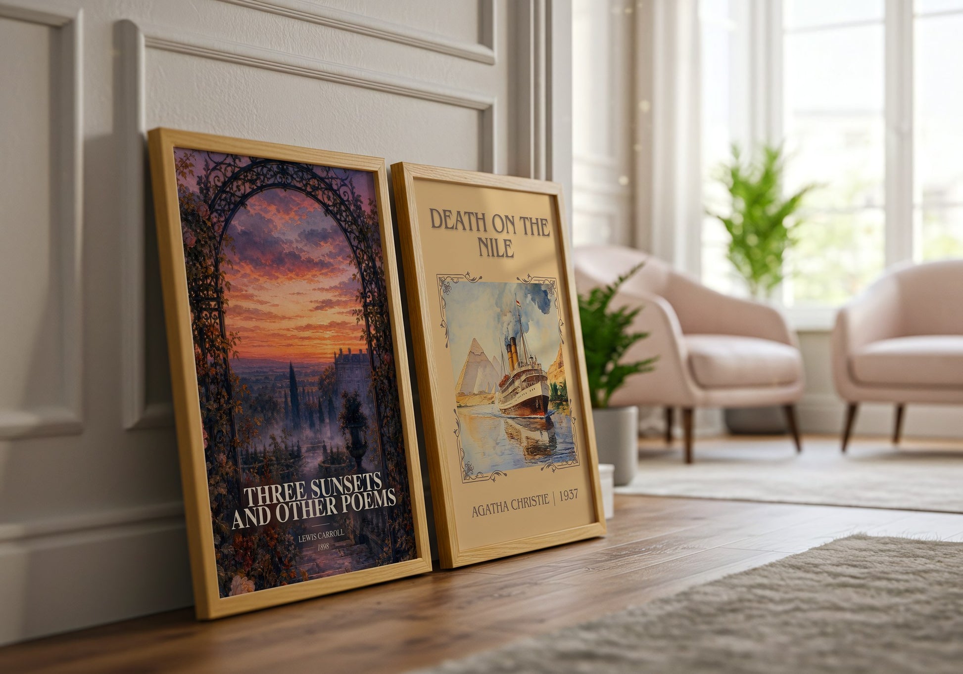 Three Sunsets And Other Poems watercolour print framed by window – literary home decor