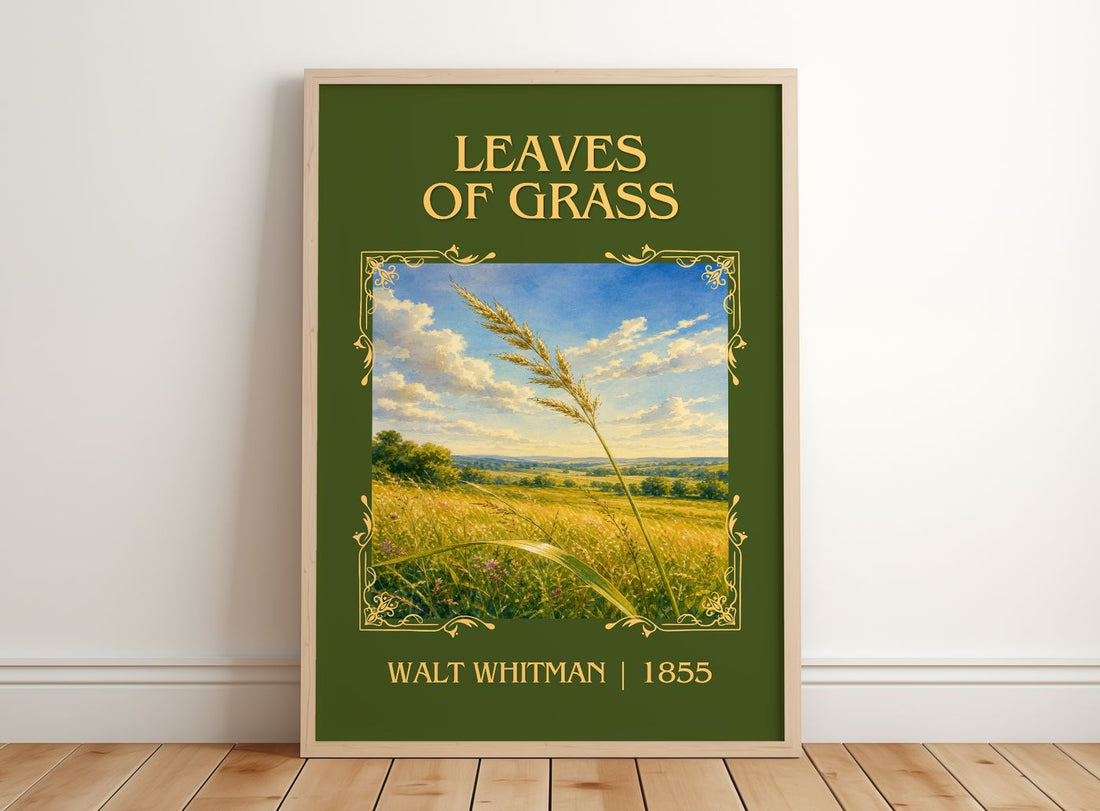 Leaves of Grass Classic Book Art Print by Walt Whitman – framed print leaning on a wooden floor