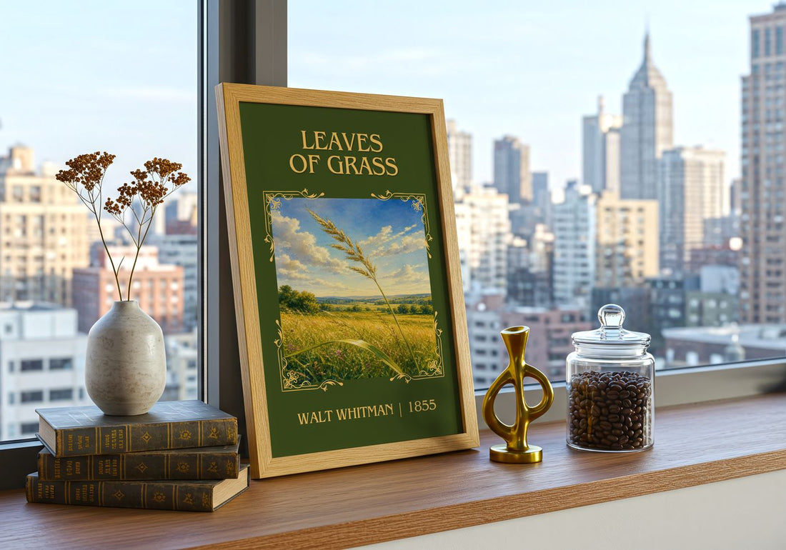 Leaves of Grass Classic Book Art Print by Walt Whitman – framed print on a city-view windowsill