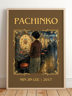 Pachinko Classic Book Art Print by Min Jin Lee – framed print leaning on a wooden floor