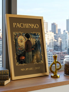 Pachinko Classic Book Art Print by Min Jin Lee – framed print on a city-view windowsill