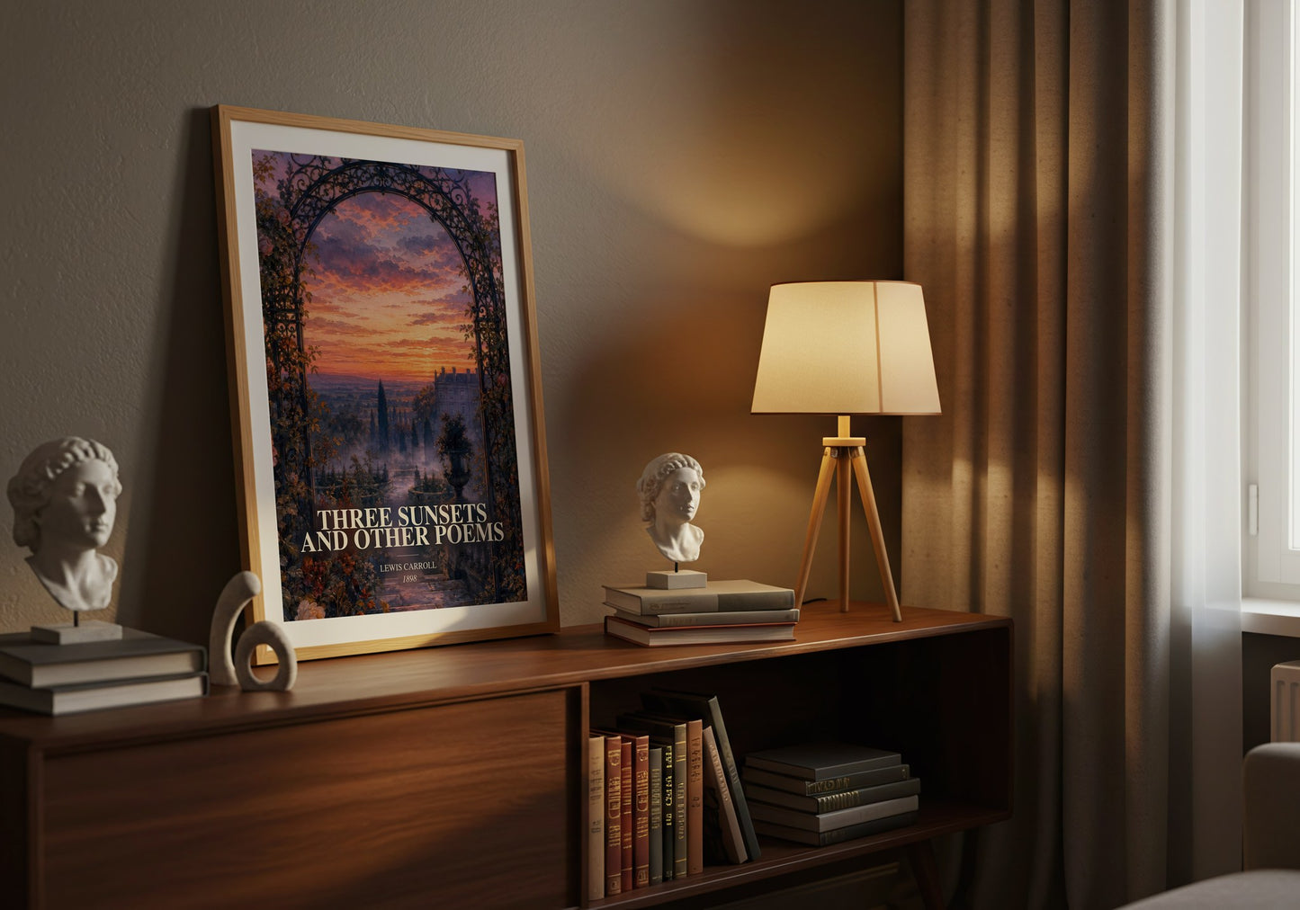 Three Sunsets And Other Poems watercolour print on bookshelf – Lewis Carroll fan gift