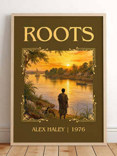 Roots Classic Book Art Print by Alex Haley – framed print leaning on a wooden floor