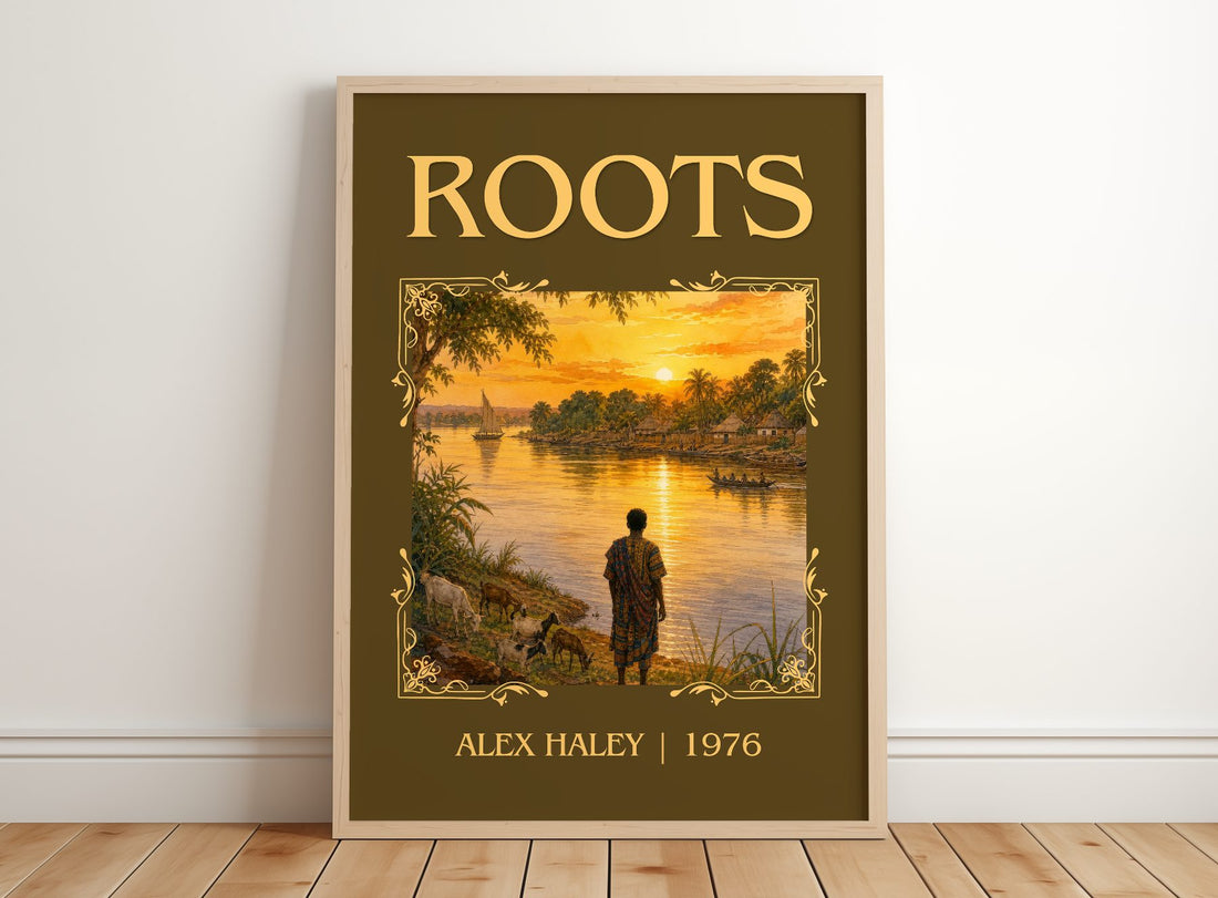Roots Classic Book Art Print by Alex Haley – framed print leaning on a wooden floor