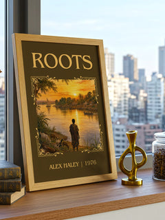 Roots Classic Book Art Print by Alex Haley – framed print on a city-view windowsill