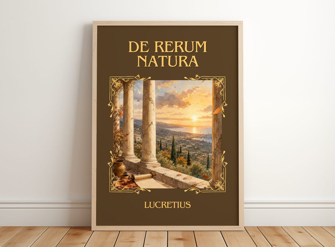 De Rerum Natura Classic Book Art Print by Lucretius – framed print leaning on a wooden floor